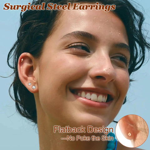 18 Pairs 20G Stainless Steel Tiny Stud Earrings For Women With Rose Gold Finish Cartilage Helix Set Includes Ball Star Moon Heart And More Shapes CZ Gems For Everyday Wear Gift Idea Cute Accessory, model wearing tiny stainless steel studs