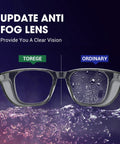 All Day Anti Fog Safety Glasses With Blue Light Protection For Men And Women Scratch Resistant Lenses comparison showing clear vs foggy lens.