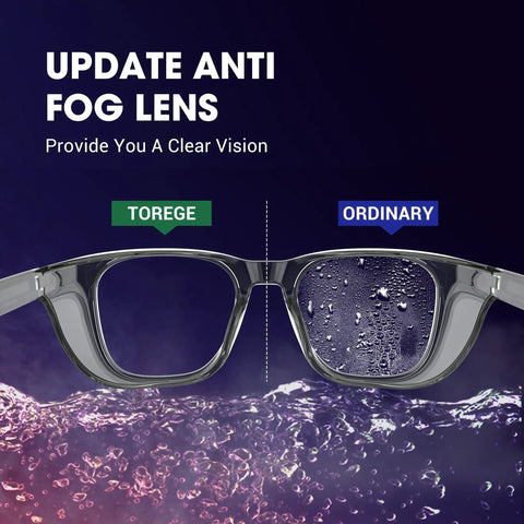 All Day Anti Fog Safety Glasses With Blue Light Protection For Men And Women Scratch Resistant Lenses comparison showing clear vs foggy lens.