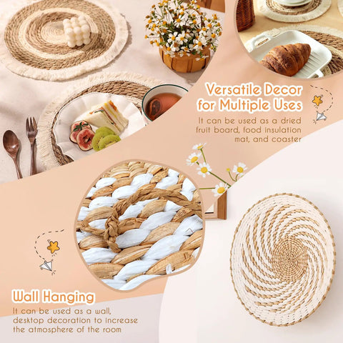 Nine Piece Boho Wall Basket Set Made From Seagrass And Rattan Round Handmade Hanging Baskets For Farmhouse Living Room Bedroom Display Kitchen And Home Decor Eco Friendly Natural Wicker Vibe shown as versatile decor and wall hanging options.