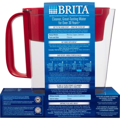 Slim 6 Cup BPA Free Water Pitcher With Filter For Tap Water Red, Lasts About Two Months shown in packaging.