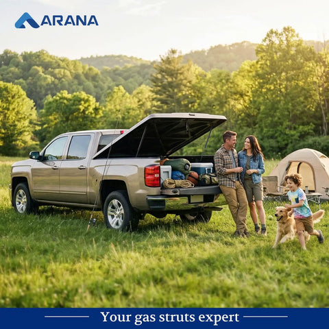 Tough As Nails 29 Inch Gas Struts For SnugTop Truck Bed Covers With 85 Pound Shock Spring And 13 Mm Ball Socket Compatible With Snuglid Snugfit Tonneau Cover swap pair, displayed behind family enjoying outdoor activities.