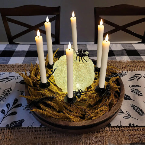 2 Pack Flameless Taper Candles With Remote And Timer, 9.6 Inch Ivory LED Battery Operated Wax Style Candles on table centerpiece