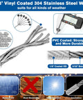 Heavy Duty 220 Feet One Eighth Inch Vinyl Coated 304 Stainless Steel Wire Rope Kit showing features and durability details