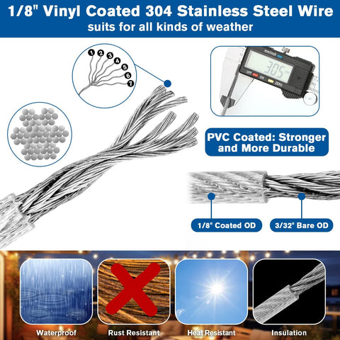 Heavy Duty 220 Feet One Eighth Inch Vinyl Coated 304 Stainless Steel Wire Rope Kit showing features and durability details