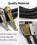 Three Pack Bolo Tie Findings Kit With Iron Slide Clasp Buckle, Alloy End Tips, And Braided Leather Cords For Men And Women, DIY Necktie Jewelry Making Supplies. Quality material close-up of silver and gold slides, black braided cords, alloy tips