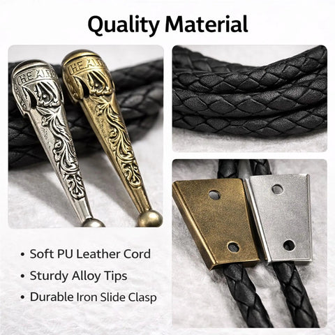 Three Pack Bolo Tie Findings Kit With Iron Slide Clasp Buckle, Alloy End Tips, And Braided Leather Cords For Men And Women, DIY Necktie Jewelry Making Supplies. Quality material close-up of silver and gold slides, black braided cords, alloy tips