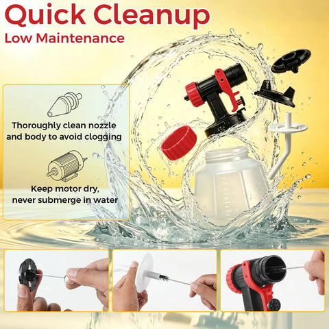 Badass Power 700W Electric Airless Paint Sprayer With Four Quick Swap Tips For Slick Even Coats And A No Sweat Finish On All Your Favorite Home Projects Red, showcasing cleanup process with components.