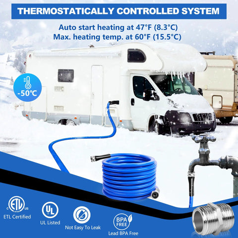 Blue heated RV water hose coiled on snow with faucet and RV in background; 25 ft, 3/4" NH fittings.