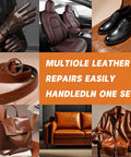 Premium Leather Repair Kit For Furniture Sofa And Car Seats 5 Piece Vinyl Patch Set shown with leather gloves, seats, and shoes.