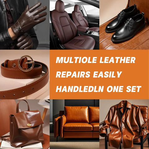 Premium Leather Repair Kit For Furniture Sofa And Car Seats 5 Piece Vinyl Patch Set shown with leather gloves, seats, and shoes.