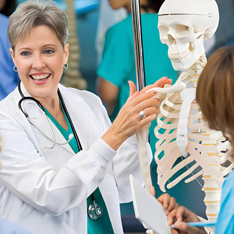 Instructor demonstrating Life Size Human Skeleton Model With Nervous System 206 Articulated Bones 70.8 Inch Rolling Stand