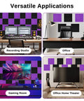 52 Pack Acoustic Foam Panels 1 Inch Thick 12 By 12 Inch Wedge Studio Foam Sound Absorption Wall Panels for Dope Home Recording Studio Office Theater Black Purple applied in various setups