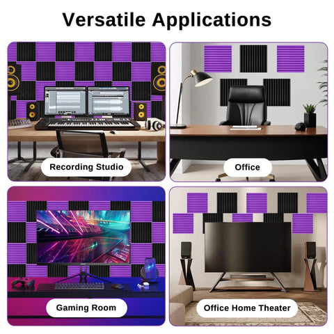 52 Pack Acoustic Foam Panels 1 Inch Thick 12 By 12 Inch Wedge Studio Foam Sound Absorption Wall Panels for Dope Home Recording Studio Office Theater Black Purple applied in various setups