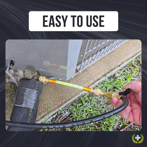 Leak Saver AC injector hose kit with brass dual-ball valves and yellow hose for HVAC sealant.