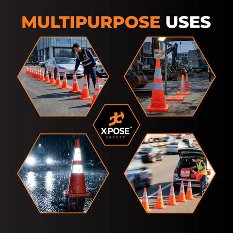 Collapsible 28 Inch Orange Traffic Cone Set For Parking Lot Roadside Emergency Construction Work Zones And Vehicle Safety Reflective Cone Pack Of 3 Great For Traffic Control Night Visibility And Easy Storage used in various safety scenarios.