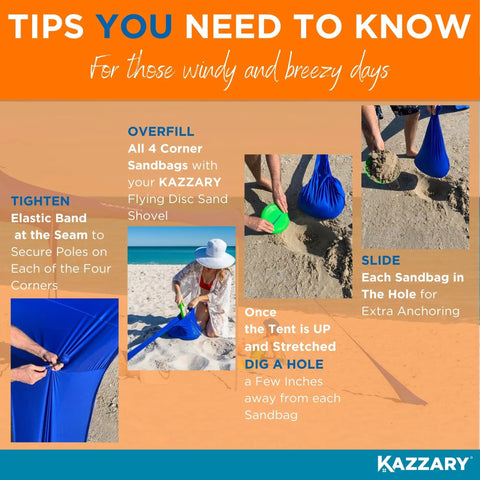 Step-by-step anchoring tips for Ultra Portable Beach Tent Sun Shade 10x10 Ft UPF50 Plus with sandbags and shovel.