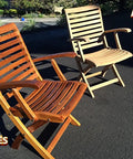 Before and after chairs treated with Sun Shield Wood Wax With UV Protection For Outdoor Furniture Gallon, highlighting rejuvenated wood.