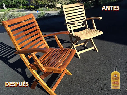 Before and after chairs treated with Sun Shield Wood Wax With UV Protection For Outdoor Furniture Gallon, highlighting rejuvenated wood.
