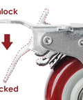 Close-up of heavy-duty locking caster wheel brake mechanism in action.