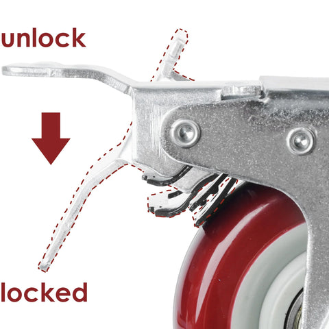 Close-up of heavy-duty locking caster wheel brake mechanism in action.