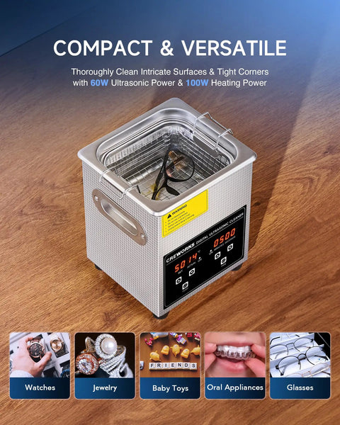 Professional 2 Liter Ultrasonic Jewelry Cleaner With 40 KHZ Frequency 100 Watt Heater Digital Timer compact design cleaning jewelry and glasses.