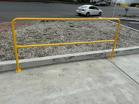 Dead Easy Osha Compliant Industrial Safety Railing With Vivid Yellow Finish And One Piece Welded Base Plates For Quick Plug And Play Surface Mounting, shown on concrete.