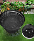 Top view of Must Have Decorative Wicker Garden Hose Pot Hideaway showing drain holes, black, fits 100 to 400 feet hoses.