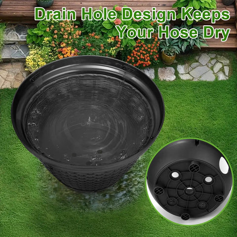 Top view of Must Have Decorative Wicker Garden Hose Pot Hideaway showing drain holes, black, fits 100 to 400 feet hoses.