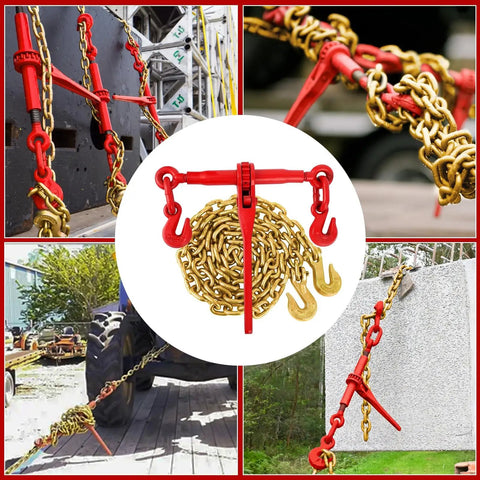 Heavy Duty 5/16-3/8 Inch Chain Binders Set Of 2 With 5/16 X 10 Ft Chains, Grade 70 Load Transport Bindings And Chains, Grappling Hook