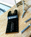 Carbide Oscillating Tool Blades 3 Pack For Heavy Duty Metal Cutting And Hard Materials Like Nails Bolts Screws with nails shown