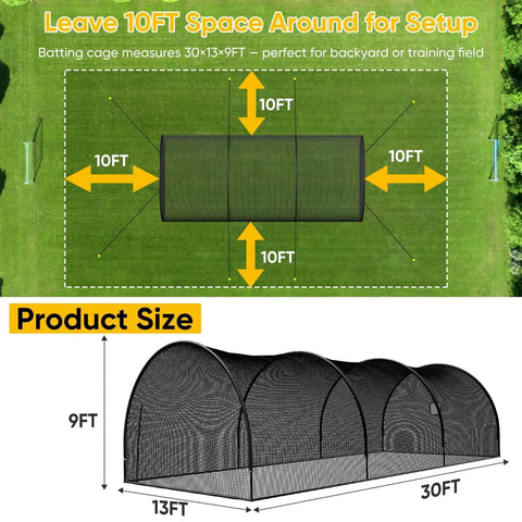 Backyard Ready Baseball And Softball Batting Cage With Enclosed Net And 12 By 12 Pitching Hole, 30 by 13 by 9 ft size diagram