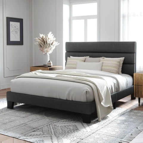 Queen Platform Bed Frame Built From Heavy Duty Metal And Solid Wood Features A Padded Upholstered Headboard For Quiet Nights Rock Solid Structure Handles Eight Hundred Pounds Protects Floors With Rubber Feet Built Tough For Casual Weekend Kickbacks in a modern bedroom setting.