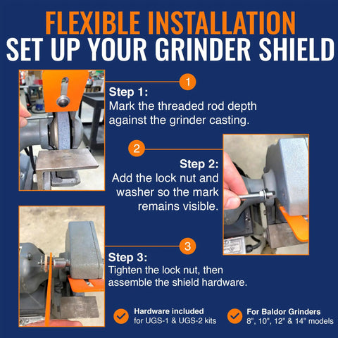 Installation guide for Heavy Duty Bench Grinder Eye Shield Kit Pair Fits 8 To 14 Inch Baldor Grinders, showing step-by-step process.