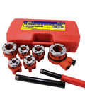 Ratcheting Pipe Threader Kit With Six Dies One Quarter Inch To One And One Quarter Inch Workhorse Ergonomic Handle Durable Plumbing Tool Set, shown with red case and dies.
