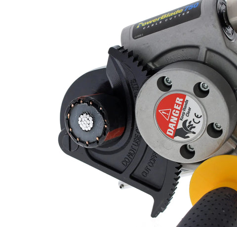 Close-up of PowerBlade Drill Powered Cable Cutter Cuts Up To 750 MCM Copper And 1000 MCM Aluminum, cutting large cable
