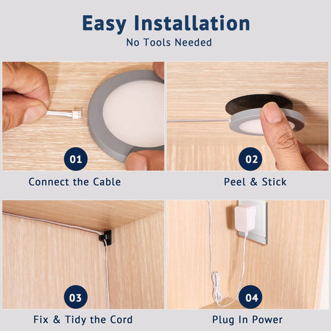 Installation steps for Smart Under Cabinet Puck Lights 4 Pack With App Control Voice Assistant And Motion Sensor Dimmable 2700K To 6500K Plug In.