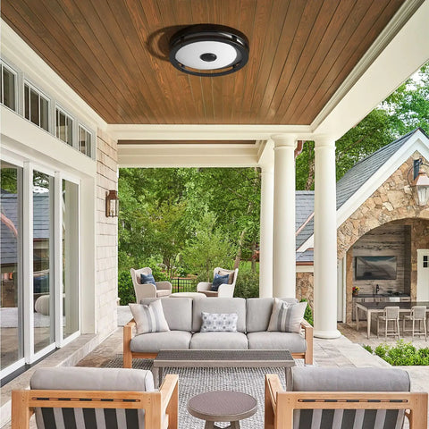 Installed Outdoor Motion Sensor LED Ceiling Light Flush Mount 12 Inch Dusk To Dawn Exterior Black Fixture for Porch