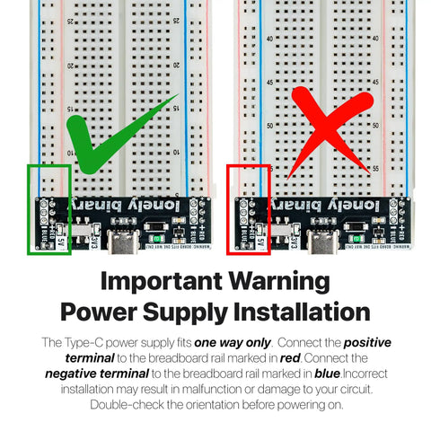 Correct and incorrect Type-C power supply installation on 830-point breadboard, from All In One Electronics Prototyping Starter Kit With 830 Point Breadboard And Type-C Power Supply, 120 Jumper Wires, 50 RGB LEDs, Sensors, Resistors, Capacitors, And More For Arduino ESP32 STEM DIY Projects.