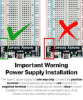 All In One Solderless Breadboard Power Kit wiring installation guide with green check and red cross indicators.