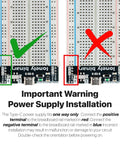 Image showing correct and incorrect installation of Three Pack Breadboard Power Supply Modules 3.3V And 5V USB C Output Switchable.