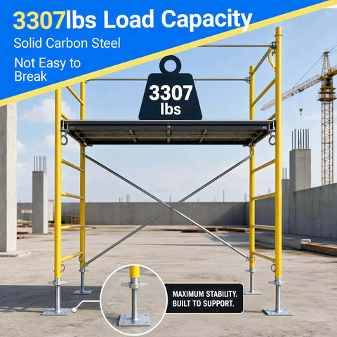 Four Pack 18 Inch Adjustable Leveling Jacks For Baker Style Scaffolding, 3307 Lbs Load Capacity in use on outdoor site