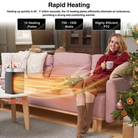 Compact Indoor Space Heater With Remote Thermostat And 12 Hour Timer 1500W PTC Ceramic Heater For Bedroom Or Office
