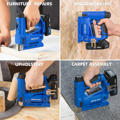 Cordless 20V 2 In 1 Staple And Brad Nail Gun For Upholstery And Woodworking shown in four usage scenarios: furniture, woodworking, upholstery, carpet.