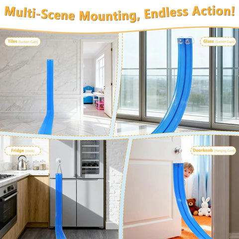 Flexible 16Ft Race Track Set With Roll Up Storage And Six Diecast Cars For One Sixty Four Scale Play Setup mounted using various hooks and suction cups on tiles, glass, and a fridge for kids aged 3 plus.
