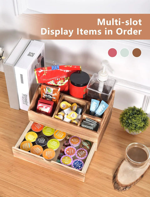 Coffee Station Organizer With Pod Drawer And Tea Bag Holder Rustic Wooden Coffee Bar Rack for countertop use, neatly organized display.