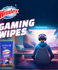 Person wearing headset at gaming desk next to a pack of Windex Gaming Wipes, product for cleaning consoles and electronics.
