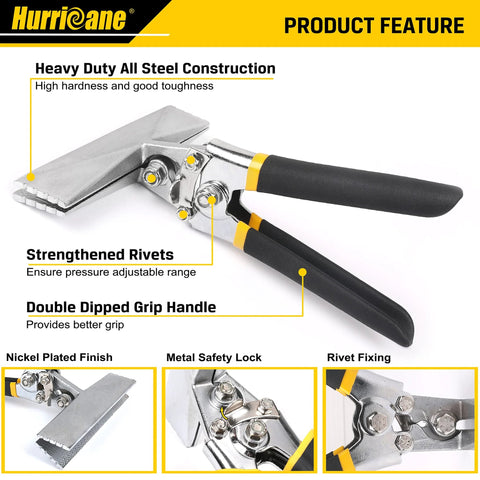 Hurricane 6-inch sheet metal hand seamer with straight jaws, all-steel construction and double-dipped yellow/black grips
