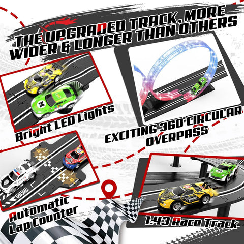 3 In 1 Slot Car Race Track Set With 4 High Speed Cars Includes Circular Overpass And Flash Tracks 1 To 43 Scale Remote Control Racing Easy Build Auto Lap Counter Perfect Gift For Adults And Kids 6 7 8 9 10 12 Year Olds Fam Friendly Fun with 360° circular overpass and LED lights