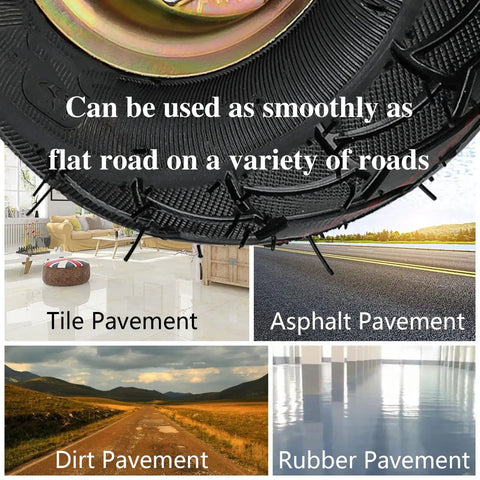 Premium Set Of Four 8 And 10 Inch Heavy Duty Rubber Swivel Caster Wheels on various surfaces: tile, asphalt, dirt, rubber.